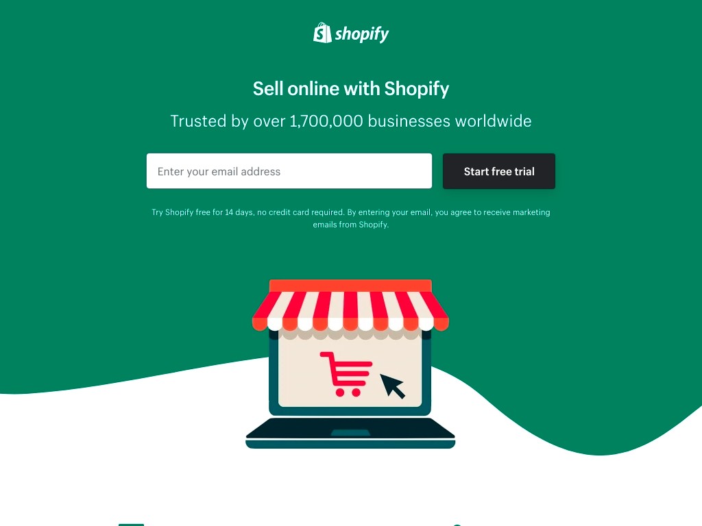 shopify free trial landing page sample